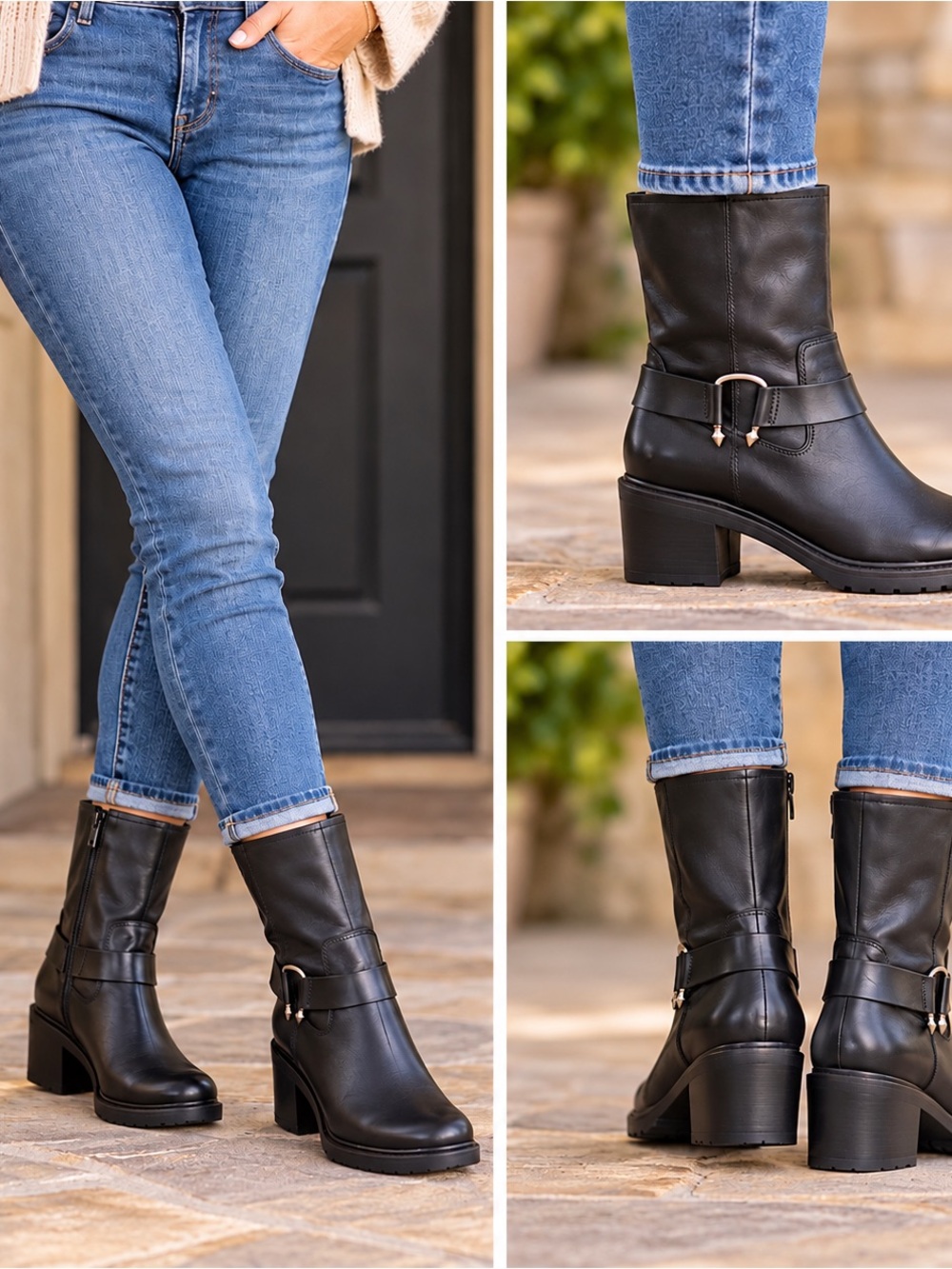 Dolce Vita Camros Moto Black Mid-Calf Boots Buckled Harness Strap Zipper Size 9